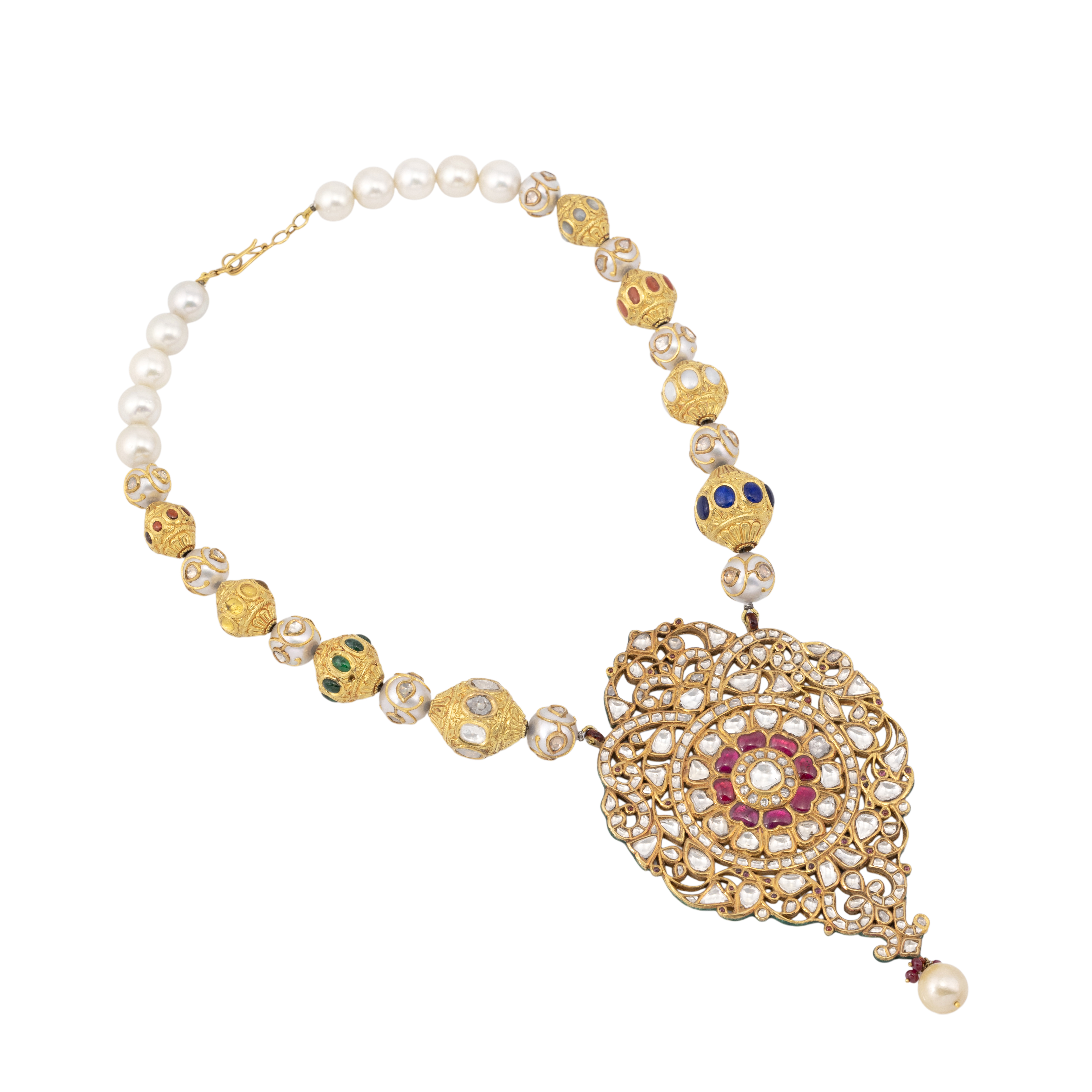 Traditional Polki Pendant Necklace with Multicolor Navratana Talaf